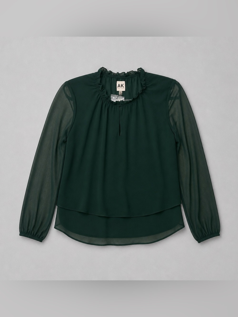 Anne Klein Dark Green Sheer-Sleeve Ruffle Neck Blouse